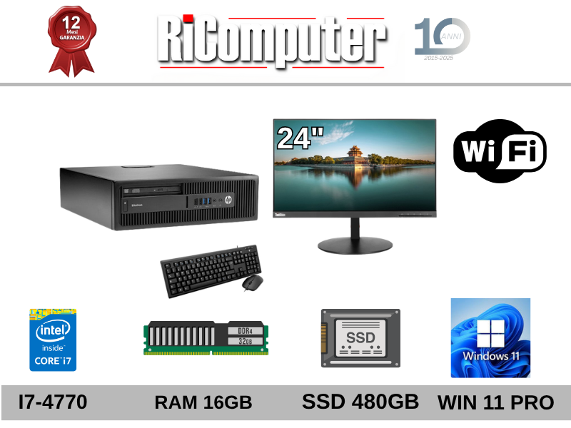 PC i7-4770 16GB 480GB SSD + Monitor 24 FHD + Tastiera Mouse Ricondizionato