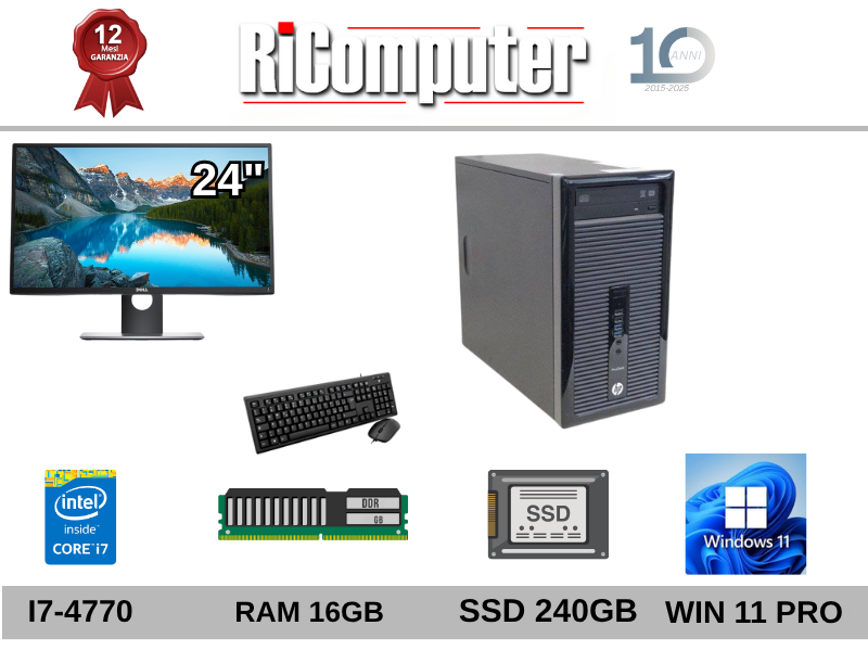 Postazione PC i7 16GB RAM SSD Monitor 24” Mouse Tastiera Win11 Ricondizionato