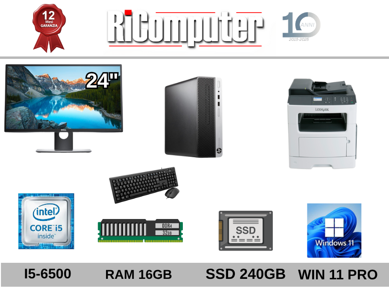 Postazione PC I5-6500 16GB SSD+Monitor 24 + Multifunzione Lexmark MX310DN F/R