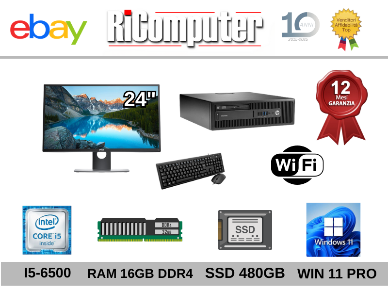 Postazione PC i5-6500 16GB SSD  Monitor 24 Tastiera Mouse Win11 Ricondizionato
