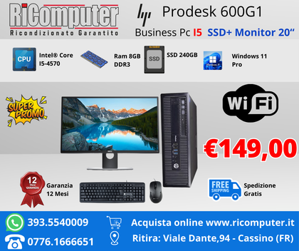 POSTAZIONE PC INTEL I5-4570 RAM 8GB SSD 240GB MONITOR 20