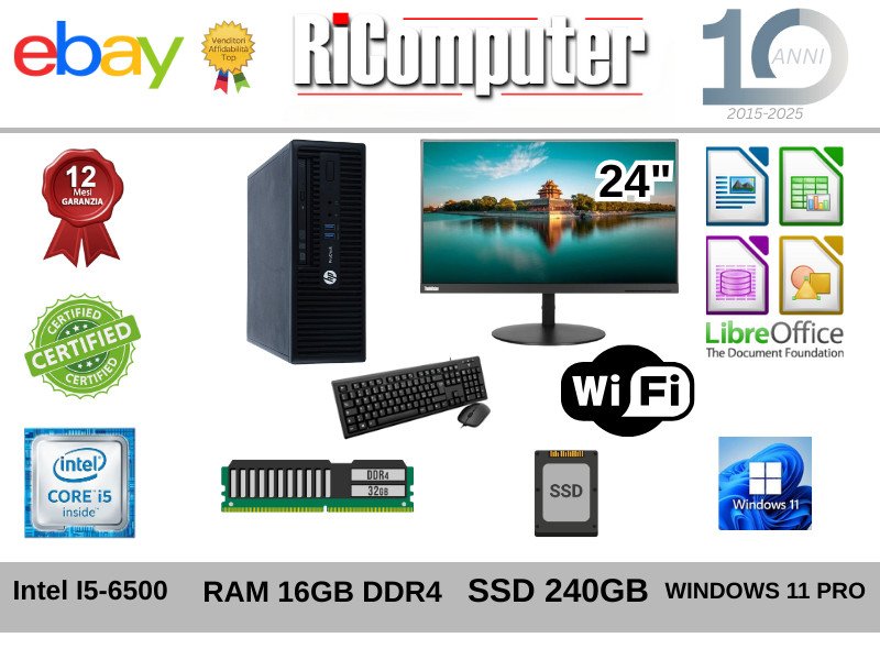Postazione PC I5 RAM 16GB DDR4 SSD 240GB Monitor 24" Ricondizionato Win 11 Pro