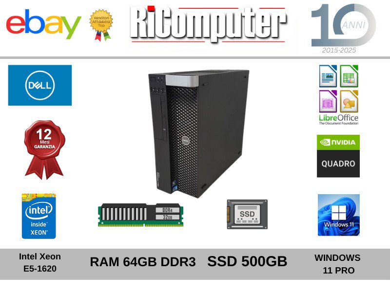 Dell T3600 Xeon 64GB RAM SSD 500GB Nvidia NVS 450 (4 Schermi) Win 11 Trading