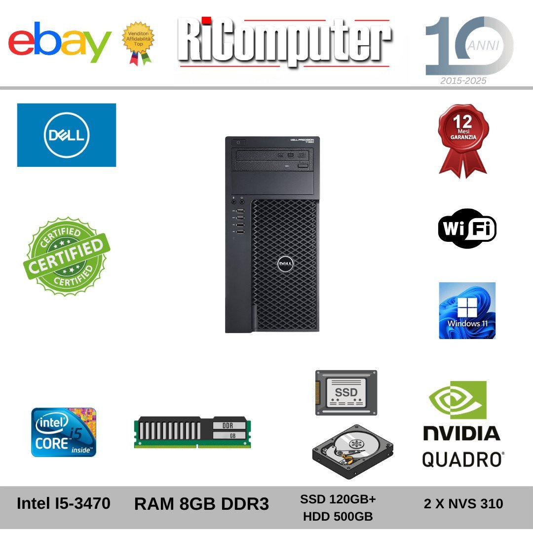 PC Dell Precision T1650 i5 8GB SSD 120GB+500GB 2x Nvidia NVS (4 Monitor) WiFi-Buono - Ricondizionato - Ricomputer.it PC Dell Precision T1650 i5 8GB SSD 120GB+500GB 2x Nvidia NVS (4 Monitor) WiFi-Buono - Ricondizionato