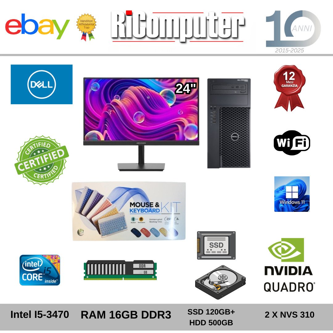 Postazione PC Dell T1650 4 Uscite Video i5 8GB SSD+HDD Monitor 24" FHD Wireless - Ricomputer.it Postazione PC Dell T1650 4 Uscite Video i5 8GB SSD+HDD Monitor 24" FHD Wireless