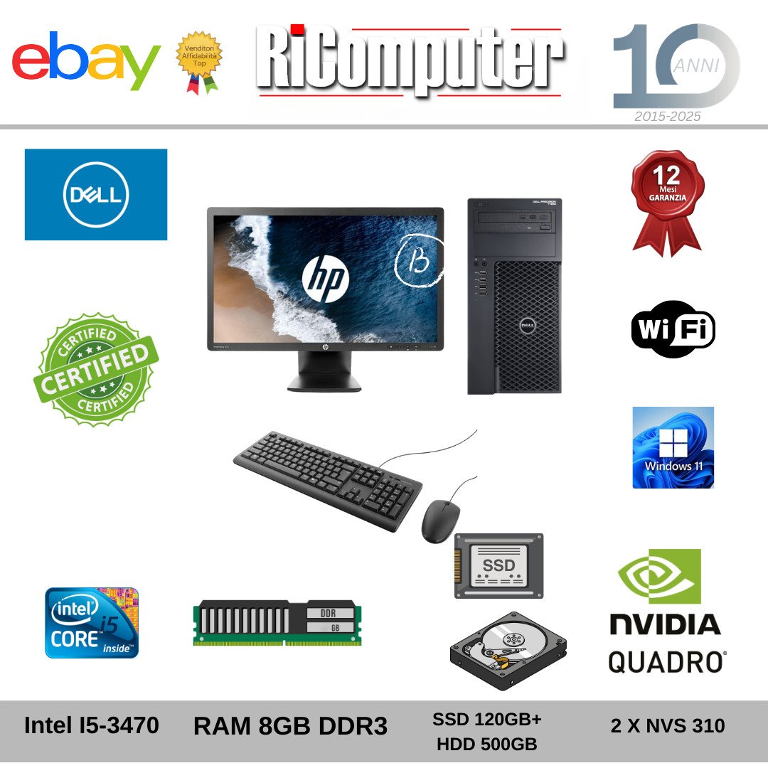 Postazione PC Completa Dell T1650 i5 8GB SSD+HDD 4 Uscite Video Monitor 20