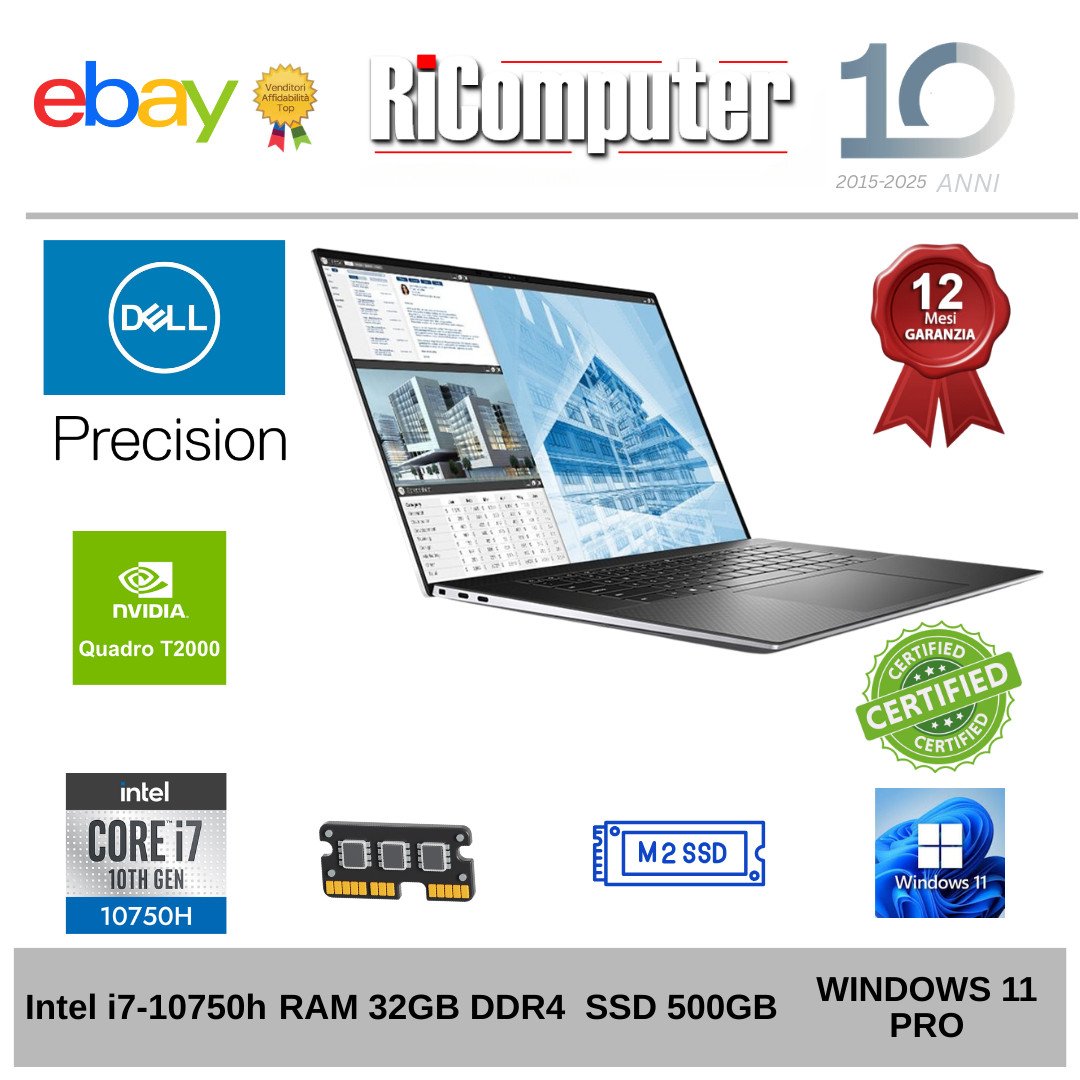 Dell Precision 5750 17" i7-10750H 32GB RAM SSD 500GB Nvidia Quadro T2000 Win 11 - Ricomputer.it Dell Precision 5750 17" i7-10750H 32GB RAM SSD 500GB Nvidia Quadro T2000 Win 11