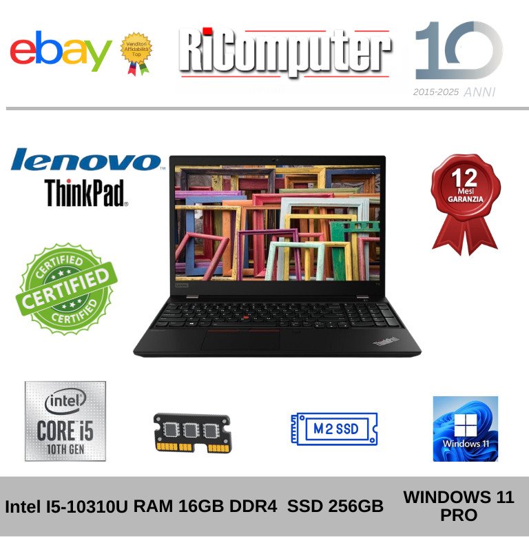Lenovo ThinkPad T15 Gen 1 15.6" i5-10310U 16GB RAM SSD 256GB Win 11 Tastierino