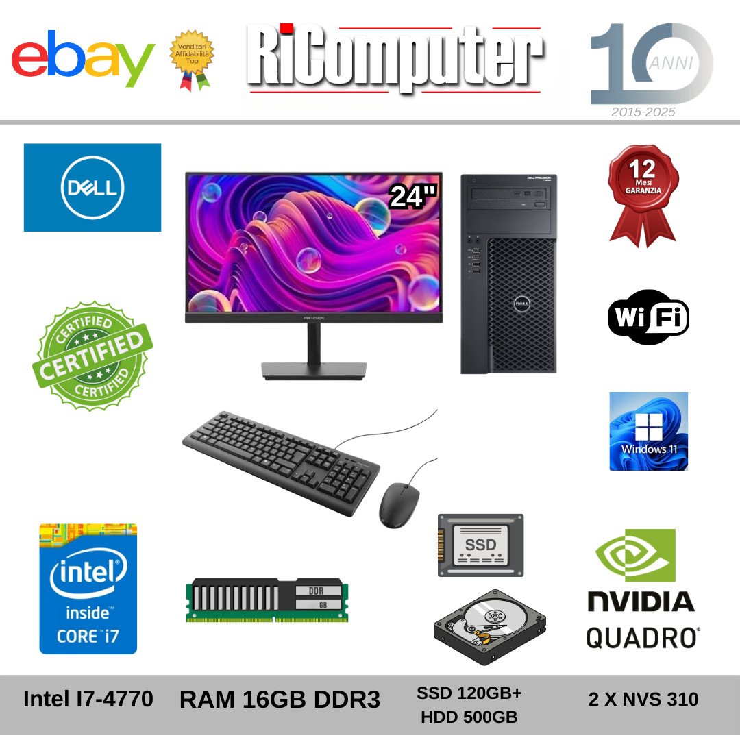 Postazione PC Dell T1700 i7 16GB SSD+HDD 4 Uscite Video Monitor 24" FHD WiFi