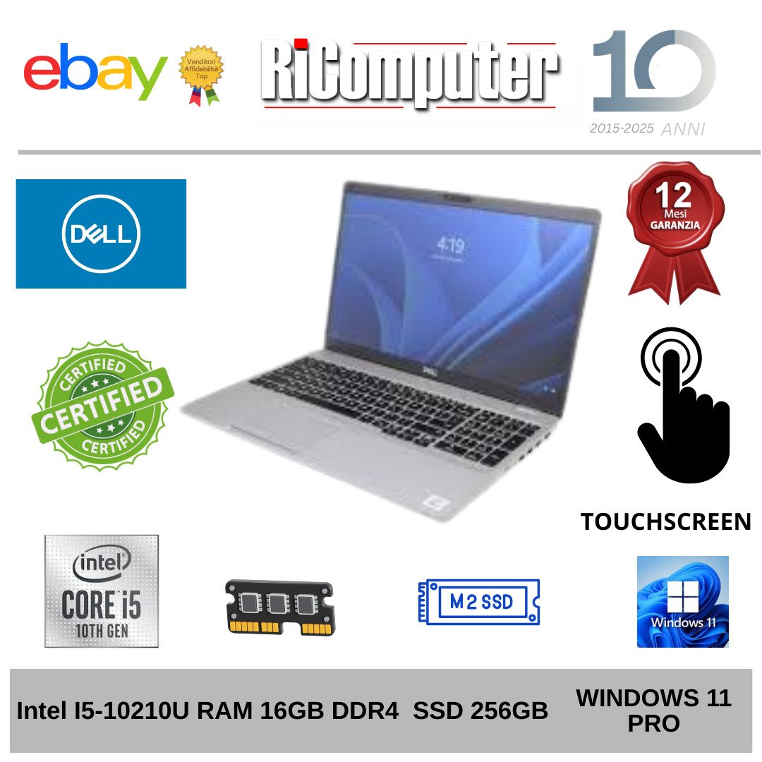Dell Latitude 5510 15.6" TOUCHSCREEN i5-10210U 16GB SSD 256GB Windows 11 Pro