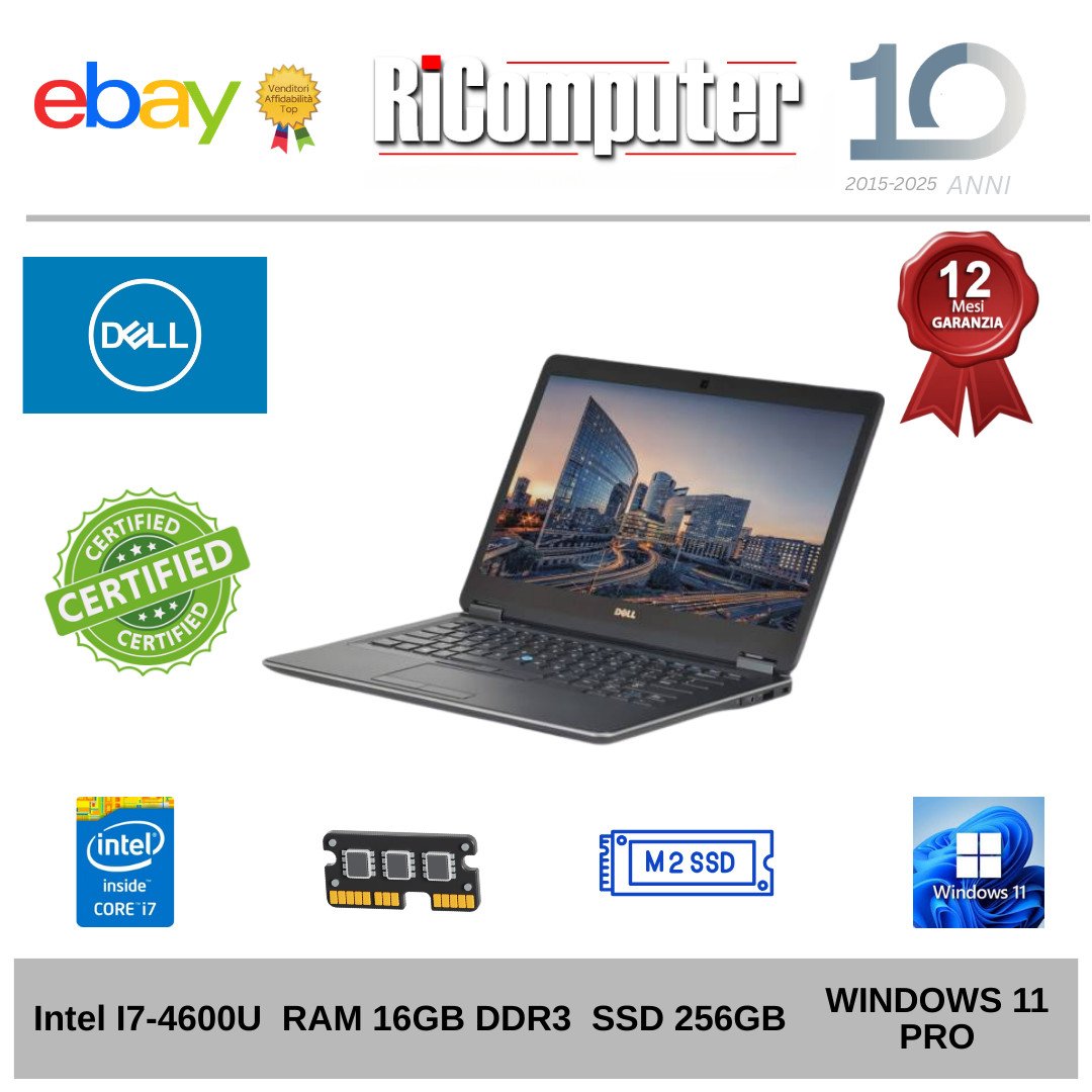Dell Latitude E7440 14" i7-4600U 16GB RAM SSD 240GB Windows 11 Pro Ufficio