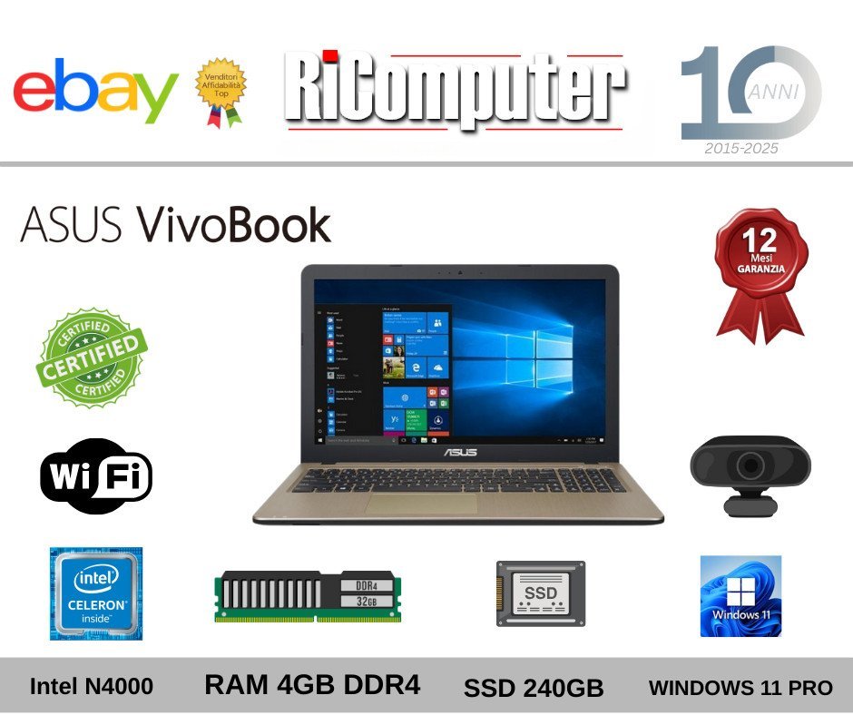ASUS X540M Notebook 15.6" Intel 4GB SSD 240GB Veloce Leggero Scuola Casa-Condizione: Buono - Ricondizionato