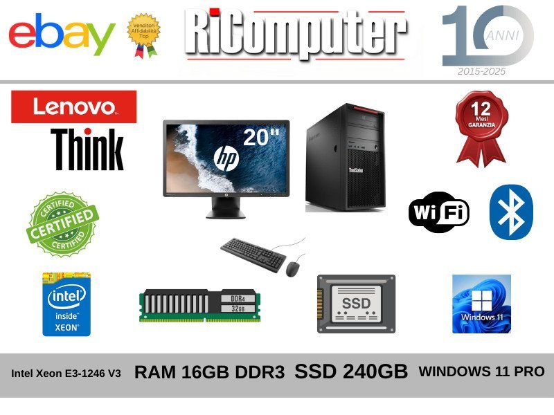 Postazione Completa Lenovo P300 Xeon (i7) 16GB SSD 240GB Monitor 20" WiFi Win11-Condizione: Buono - Ricondizionato