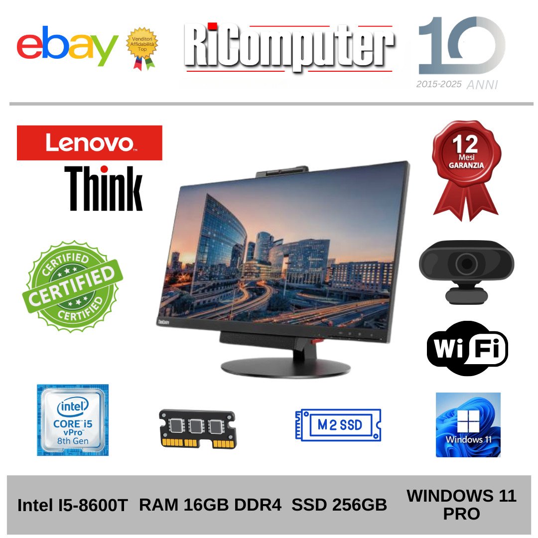 PC All-In-One Lenovo 24" FHD i5-8600T 16GB RAM SSD 256GB Win 11 Tastiera Mouse - Ricomputer.it PC All-In-One Lenovo 24" FHD i5-8600T 16GB RAM SSD 256GB Win 11 Tastiera Mouse