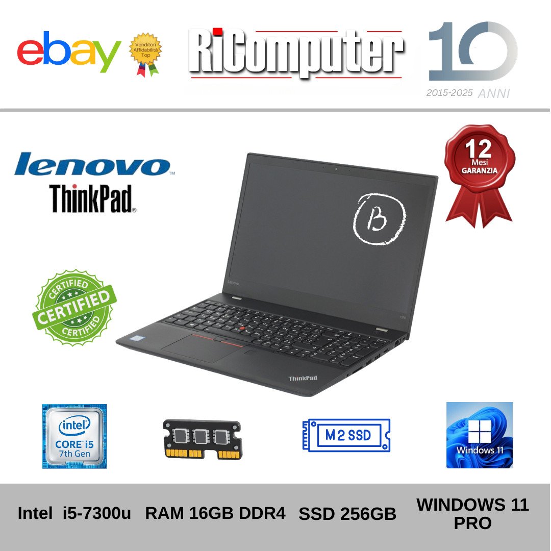 Lenovo ThinkPad T580 15.6" i5-7300U 16GB RAM SSD 256GB Win 11 Tastierino