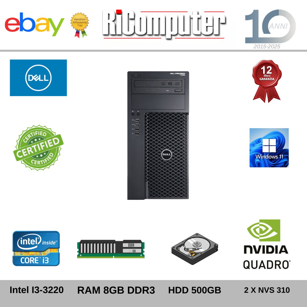 PC Desktop Dell T1650 4 Uscite Video i3 8GB HDD 500GB 2x Quadro NVS 310 Win 11