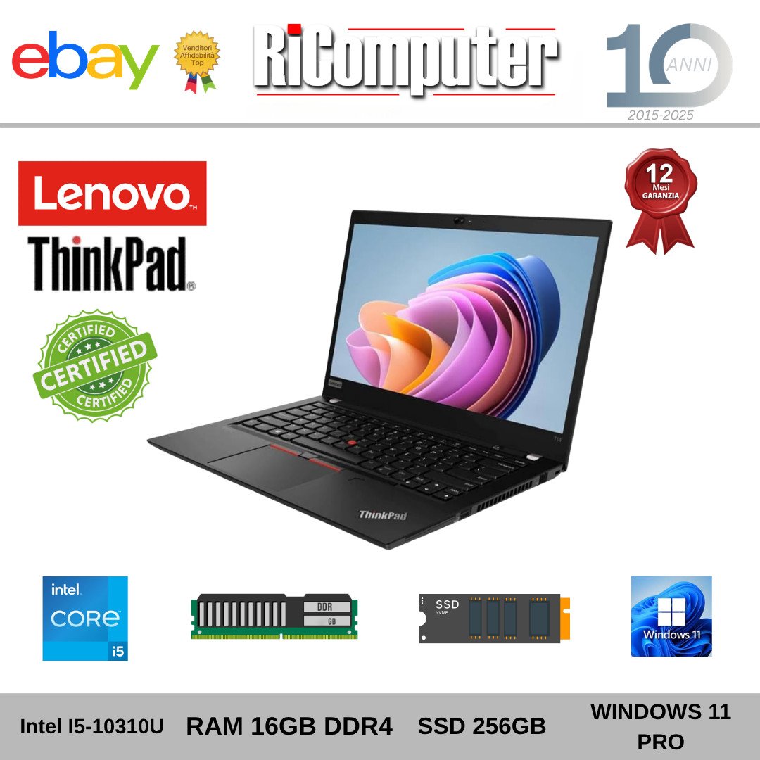 Lenovo ThinkPad T14 Gen 1 14" FHD i5-10310U 16GB RAM SSD 256GB Win 11 Pro