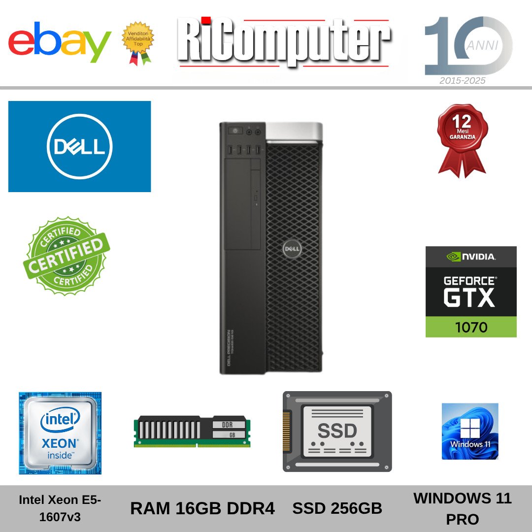 PC Gaming Dell T5810 Xeon 16GB SSD 256GB+1TB Nvidia GTX 1070 Windows 11 Desktop