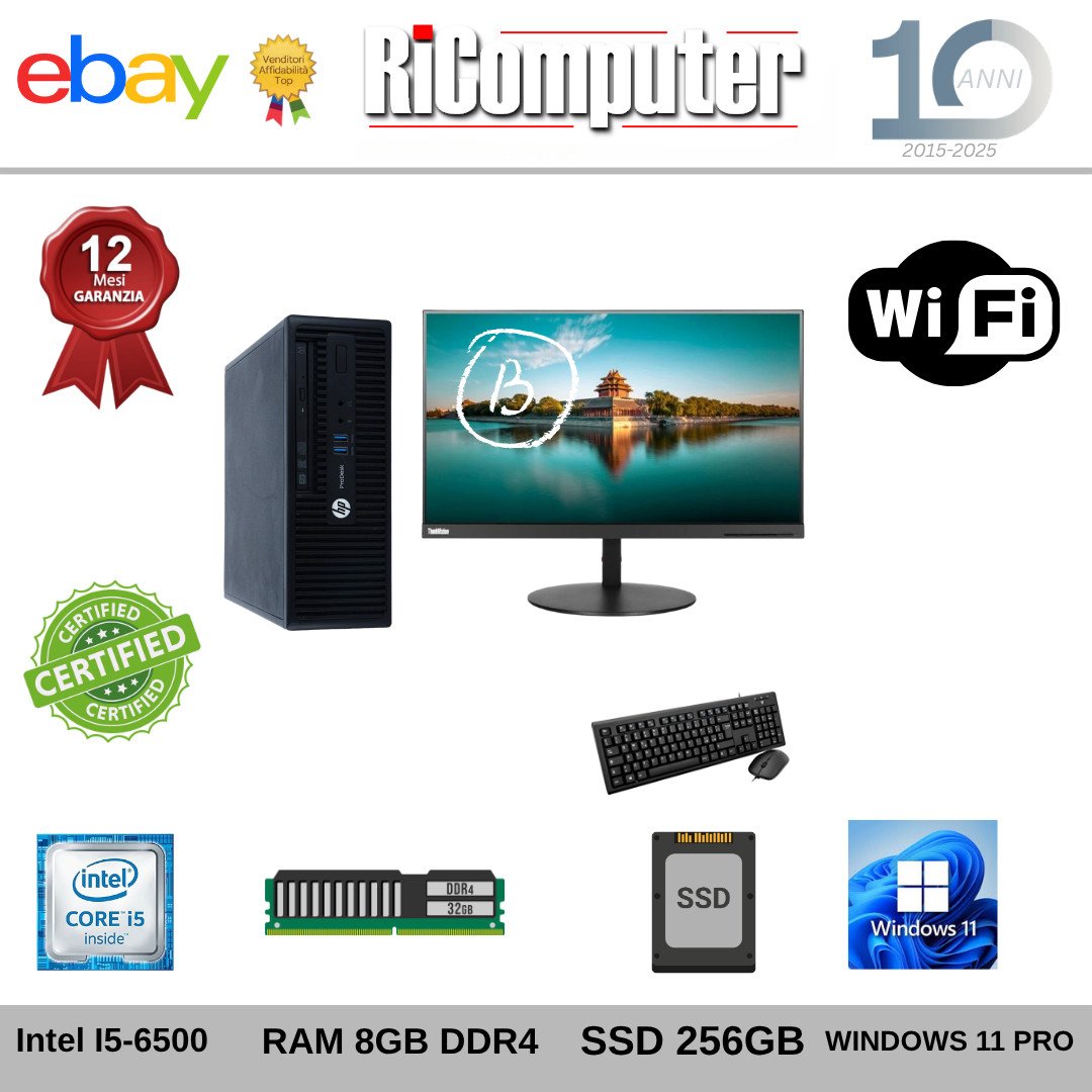 Postazione Completa PC i5-6500 8GB SSD 256 Monitor 24" Mouse Tastiera WiFi Win 1