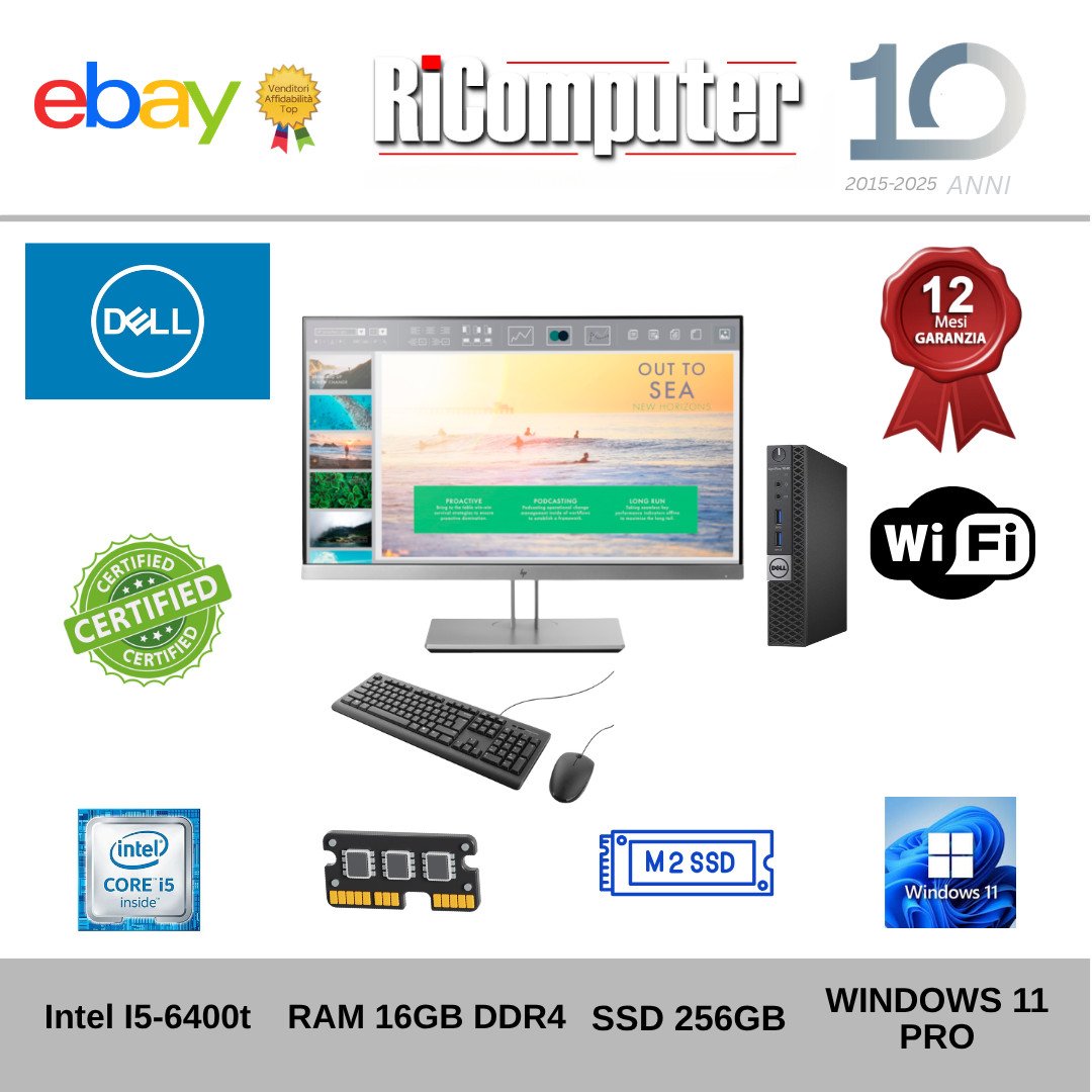 Postazione PC Dell Micro i5 16GB SSD 240GB Monitor 24" Mouse Tastiera WiFi Win11