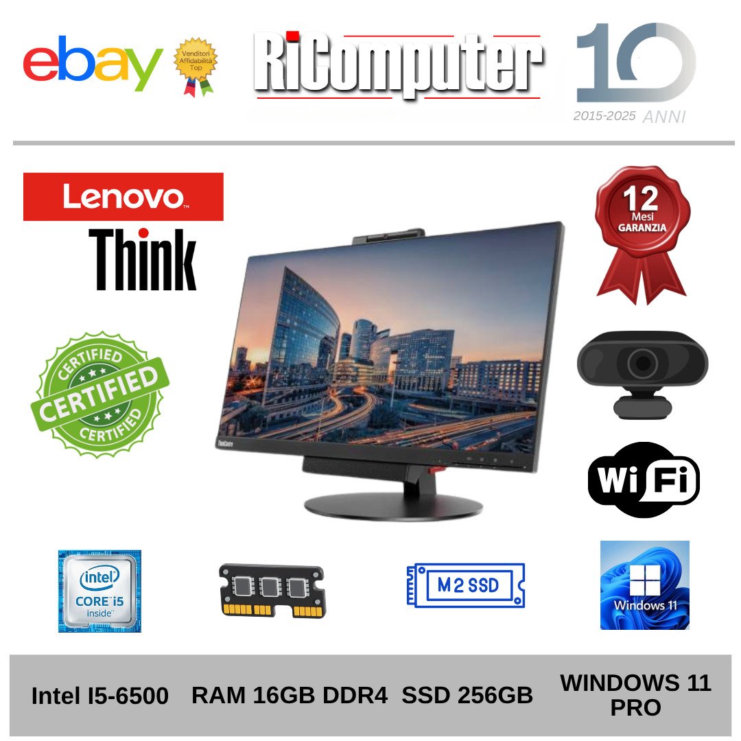 PC All-In-One Lenovo 22 FHD i5-6500 16GB RAM SSD 256GB Win11 Tastiera Mouse WiFI