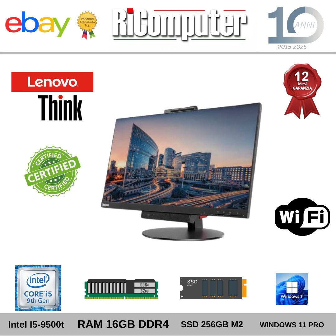 PC All In One Lenovo TIO 22" Gen3 i5-9500T 9a Gen 16GB SSD 256GB M2 Win 11 Pro - Ricomputer.it PC All In One Lenovo TIO 22" Gen3 i5-9500T 9a Gen 16GB SSD 256GB M2 Win 11 Pro