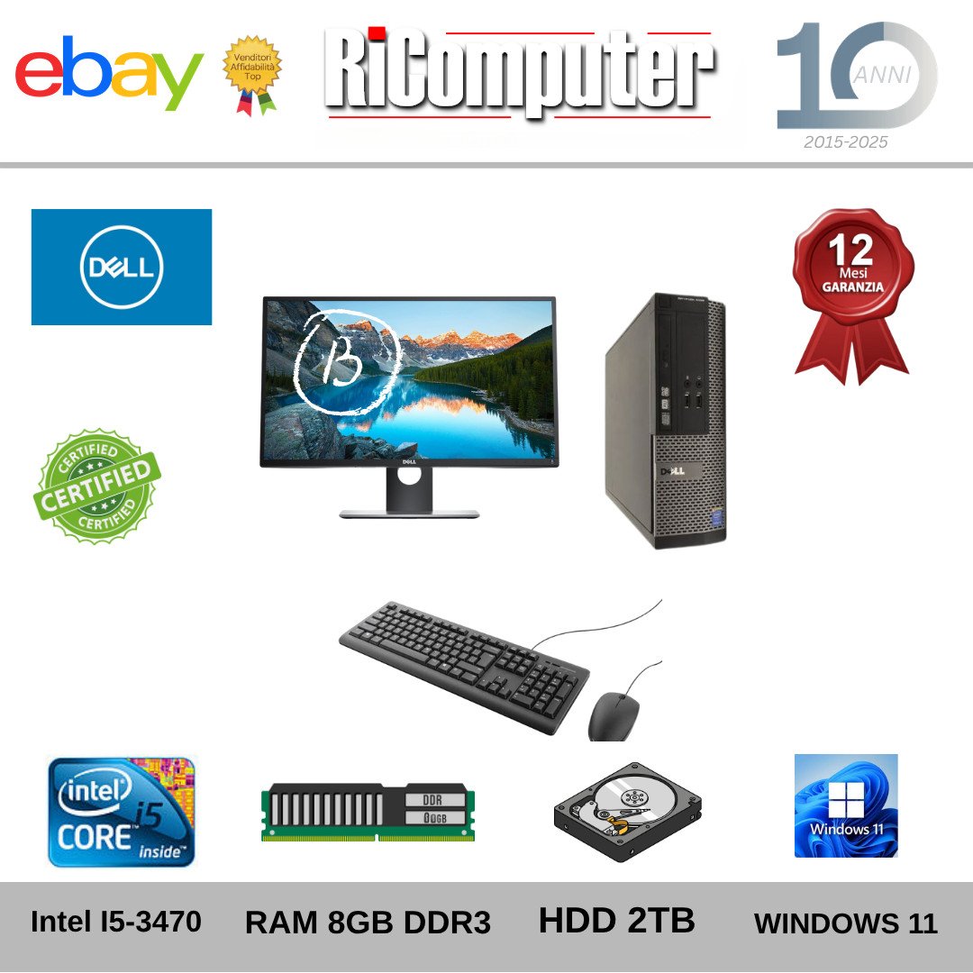 Postazione PC Dell i5 8GB HDD 2TB Monitor 20" Grado B Mouse Tastiera Win 11