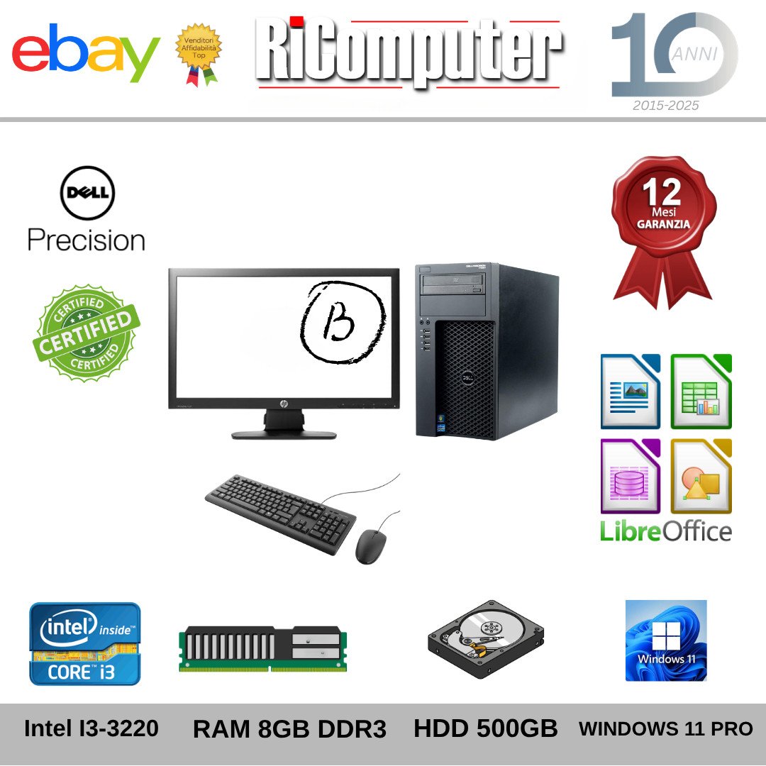Postazione PC Completa Dell i3 8GB HDD 500GB Monitor 20" Grado B Tastiera Mouse