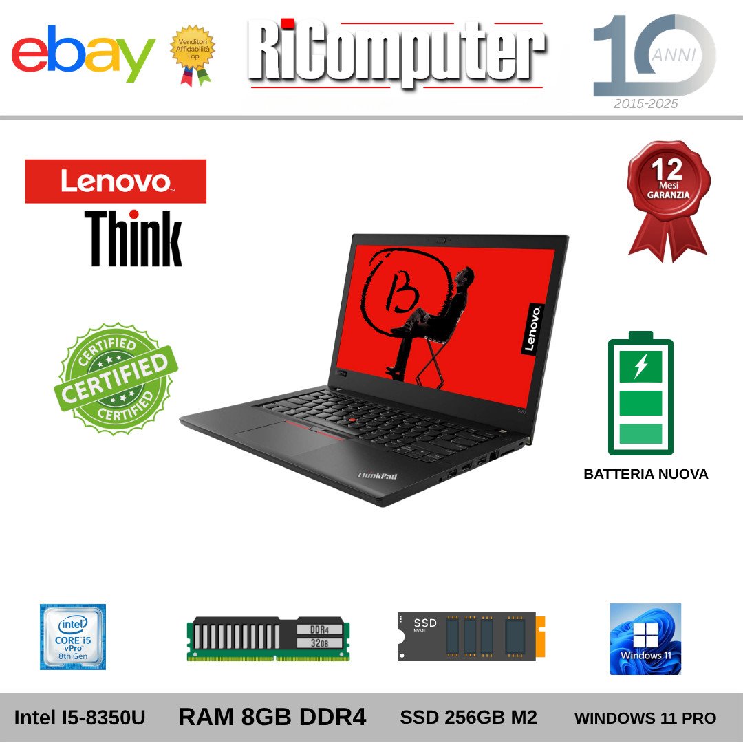 Lenovo ThinkPad T480 i5 8a Gen 8GB M.2 256GB BATTERIA NUOVA Win 11 Pro - Ricomputer.it Lenovo ThinkPad T480 i5 8a Gen 8GB M.2 256GB BATTERIA NUOVA Win 11 Pro