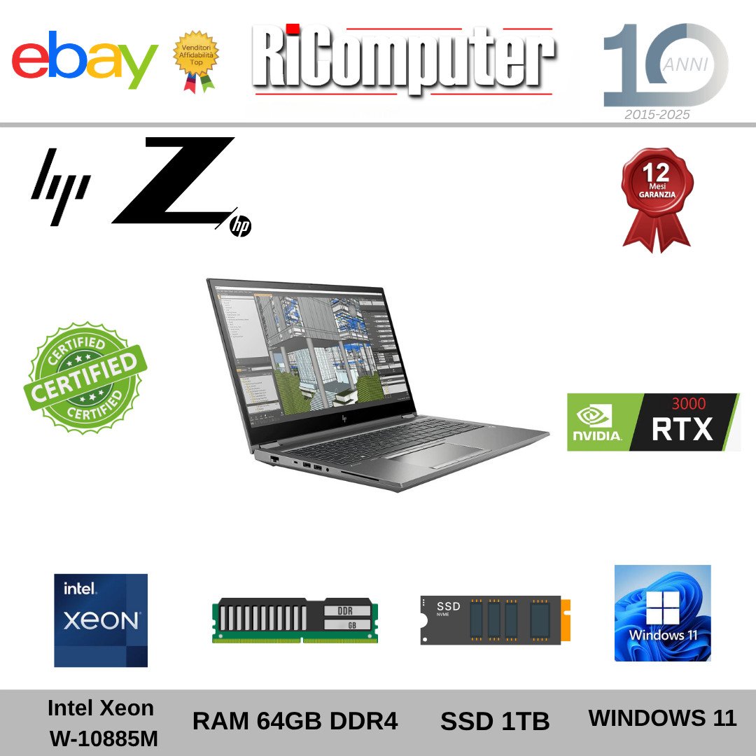 Workstation HP ZBook Fury 15 G7 Xeon 64GB SSD 1TB RTX3000 Portatile CAD 3D Win11 - Ricomputer.it Workstation HP ZBook Fury 15 G7 Xeon 64GB SSD 1TB RTX3000 Portatile CAD 3D Win11