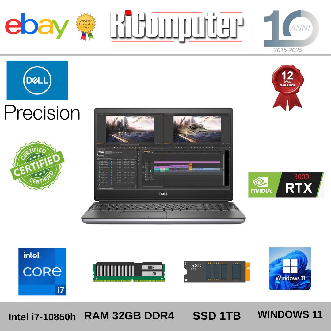 Workstation Dell Precision 7550 i7-10850H 32GB 1TB SSD RTX 3000 CAD 3D Win 11