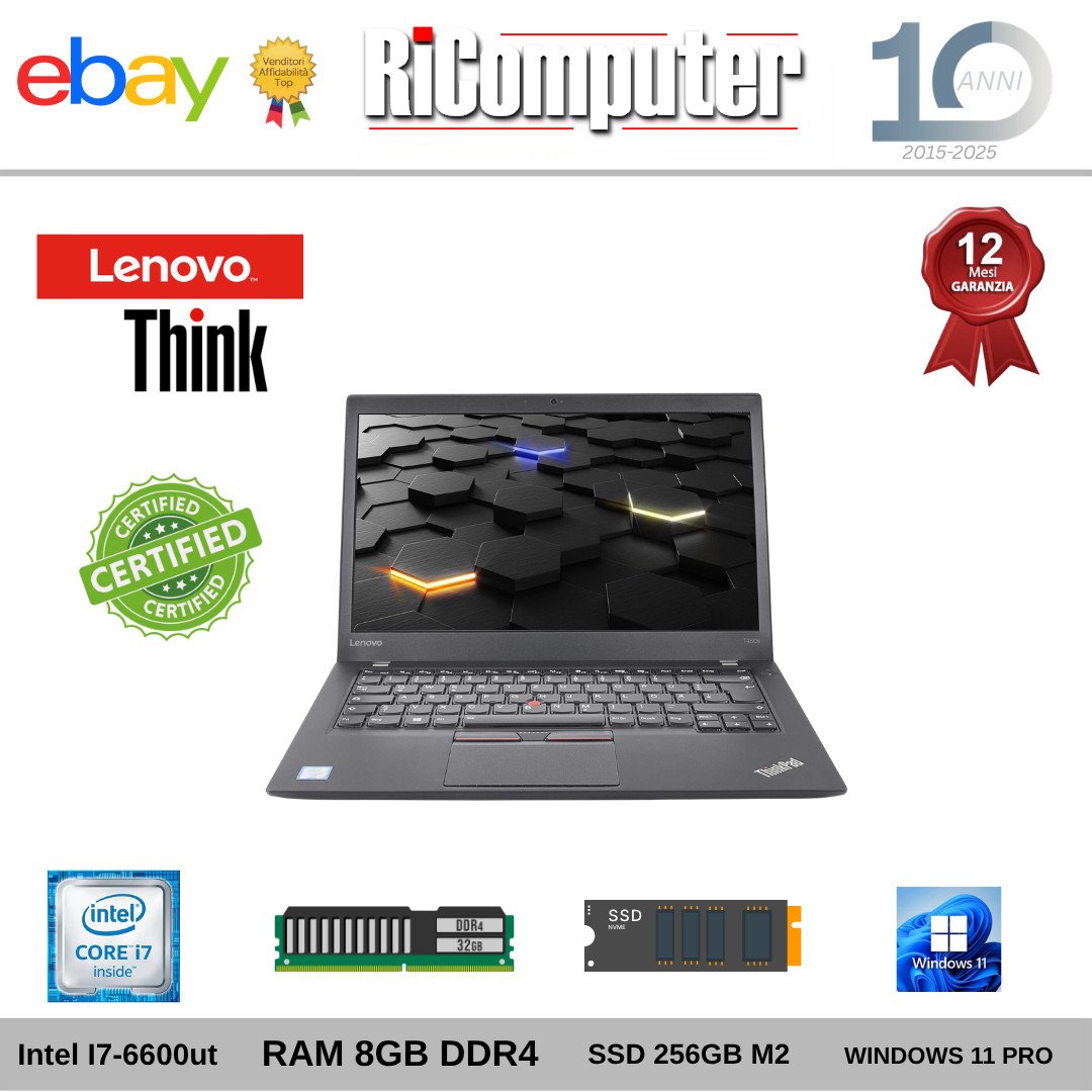 Lenovo ThinkPad T460s 14" i7-6600U 8GB SSD 256GB Ultrabook Portatile Sottile
