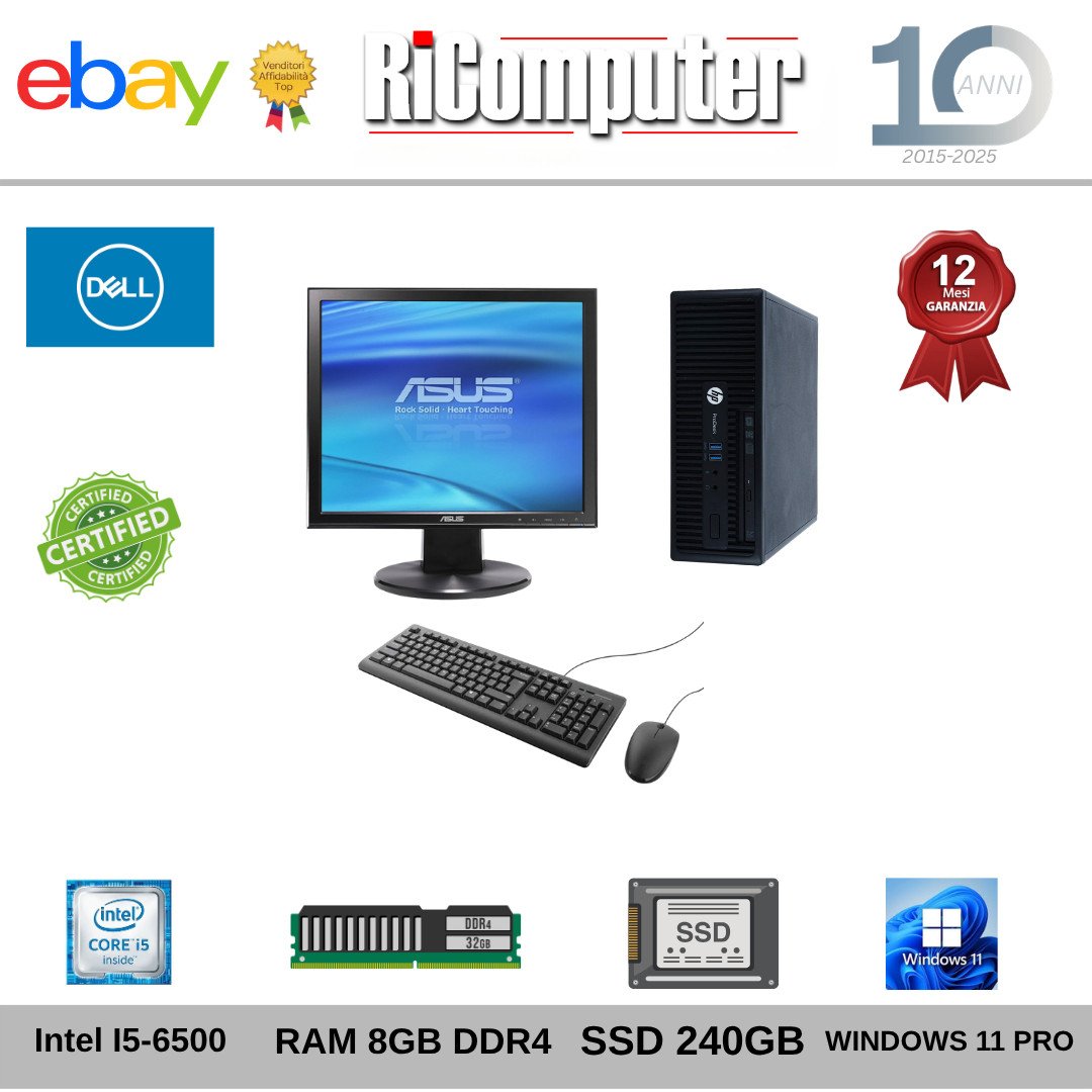 Postazione PC Completa HP i5 8GB SSD 256GB Monitor 19" Asus Tastiera Mouse Usati