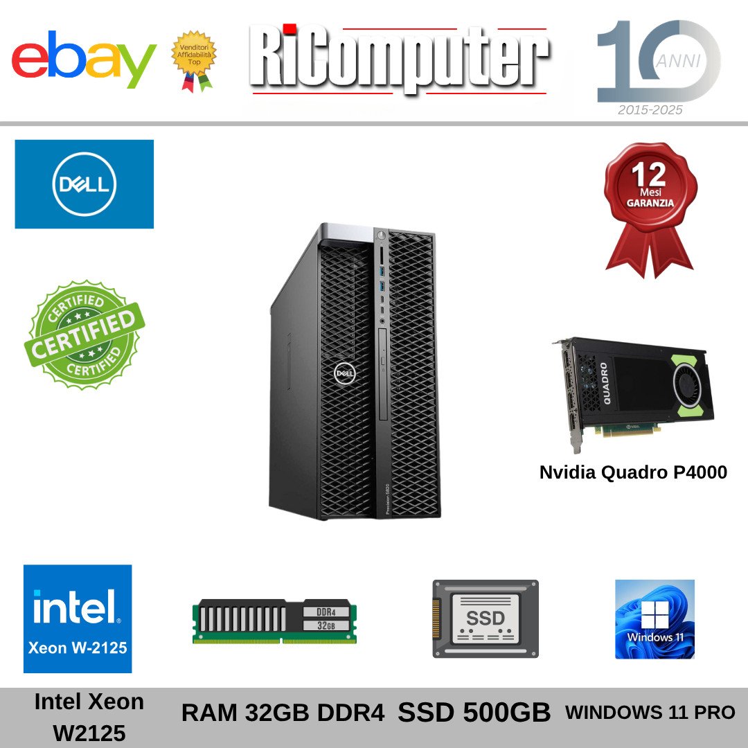 Workstation Dell Precision 5820 Xeon W-2125 32GB SSD Quadro P4000 PC 3D Win 11