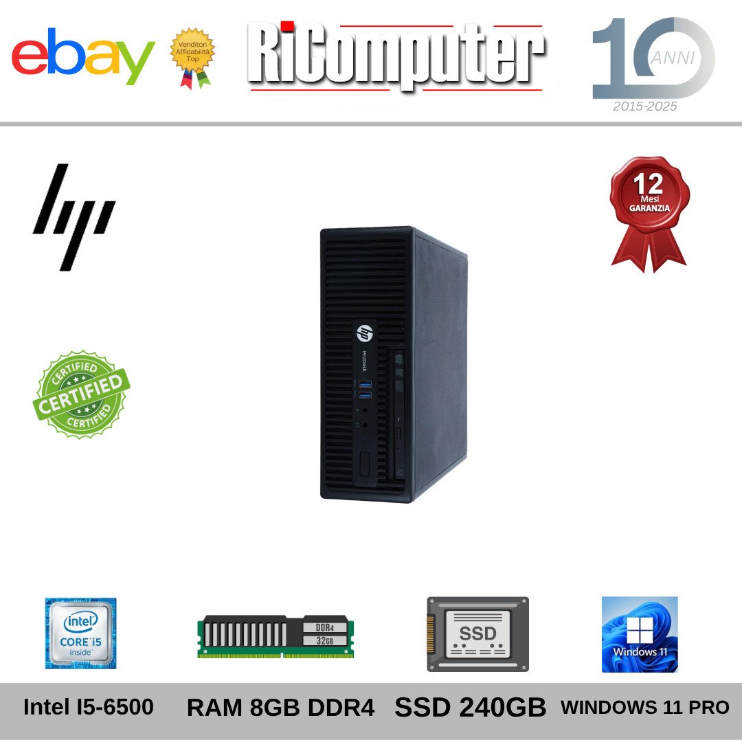 Computer Fisso HP ProDesk 400 G3 i5-6500 8GB SSD 256GB Windows 11 Pro Desktop