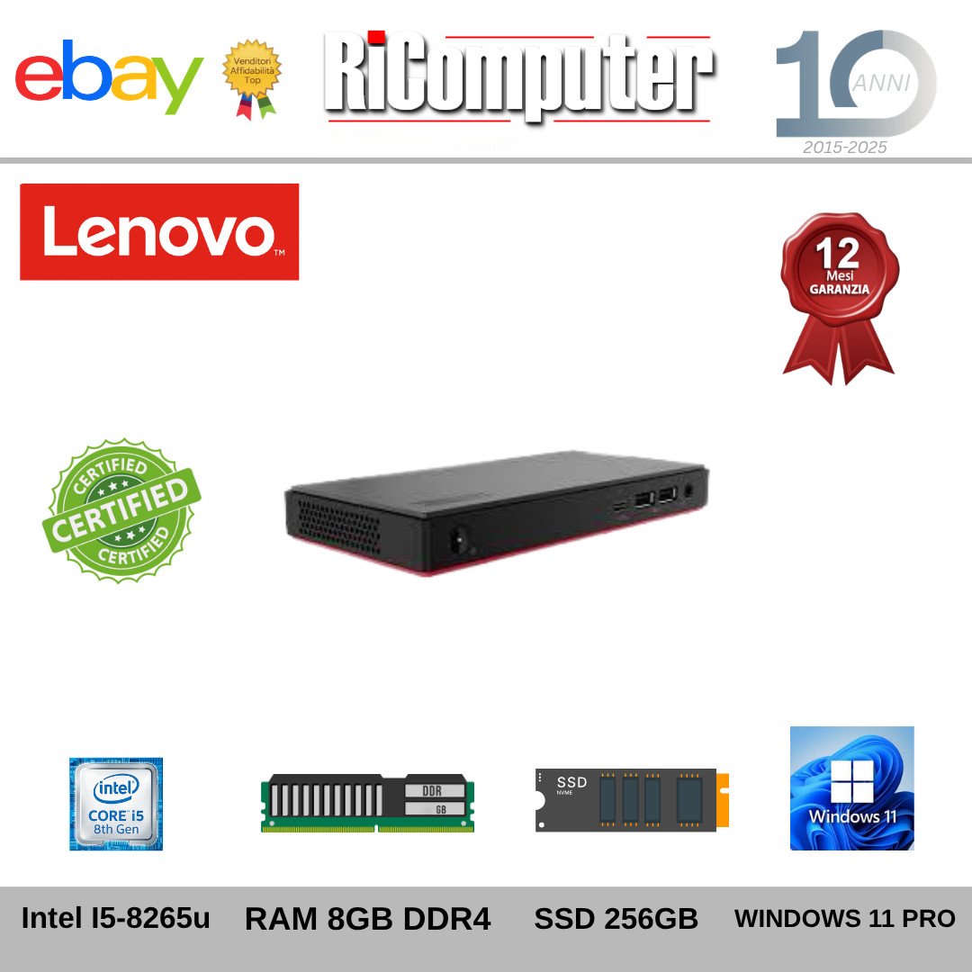 Mini PC NANO Lenovo ThinkCentre M90n i5-8265U 8GB SSD 256GB Win 11 Pro Desktop - Ricomputer.it Banner showing a compact Lenovo mini PC with Intel i5-8265U, 8GB DDR4 RAM, 256GB SSD, Windows 11 Pro; includes warranty and certification logos.