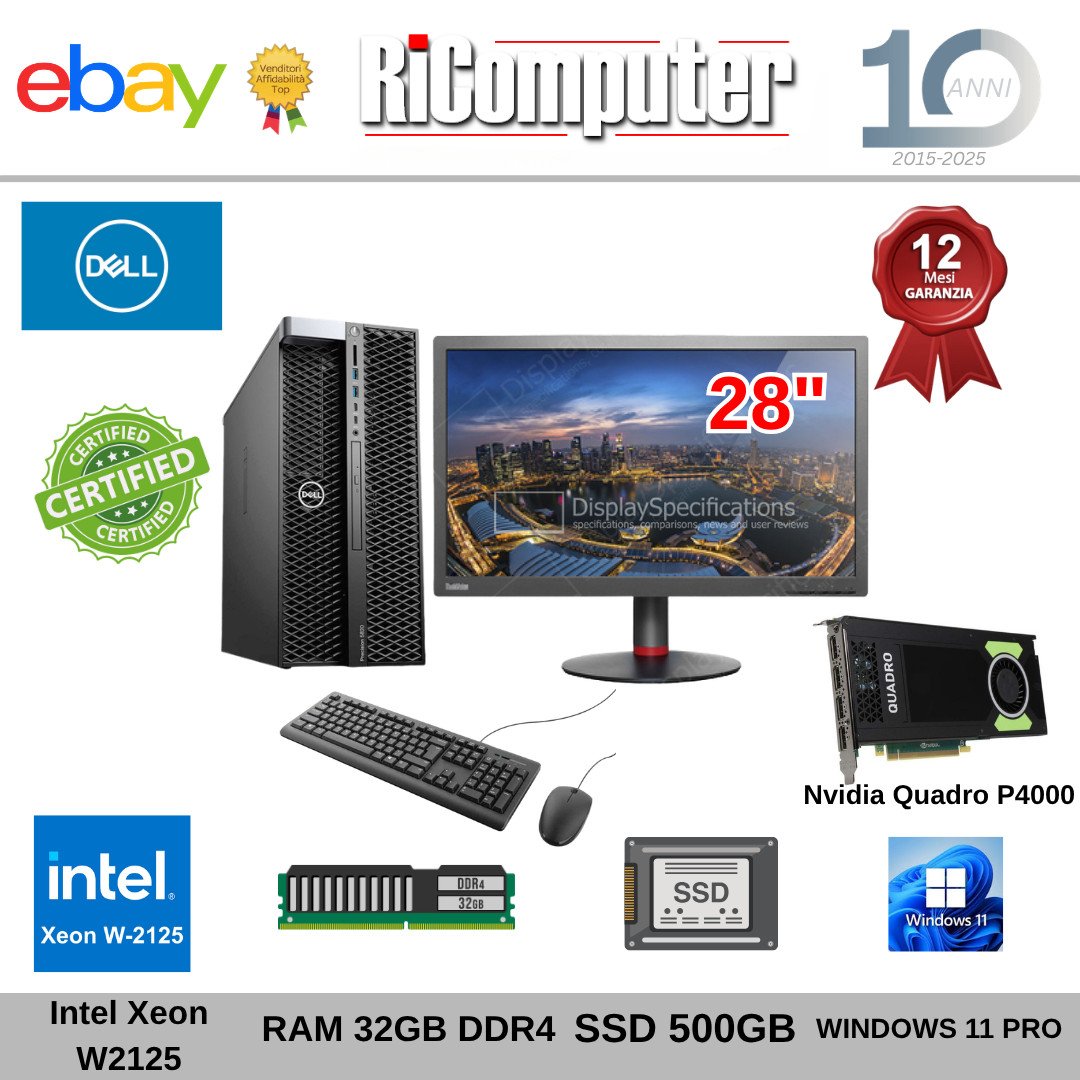 Postazione CAD Dell 5820 Xeon 32GB SSD Quadro P4000 Monitor 28" Lenovo Win 11