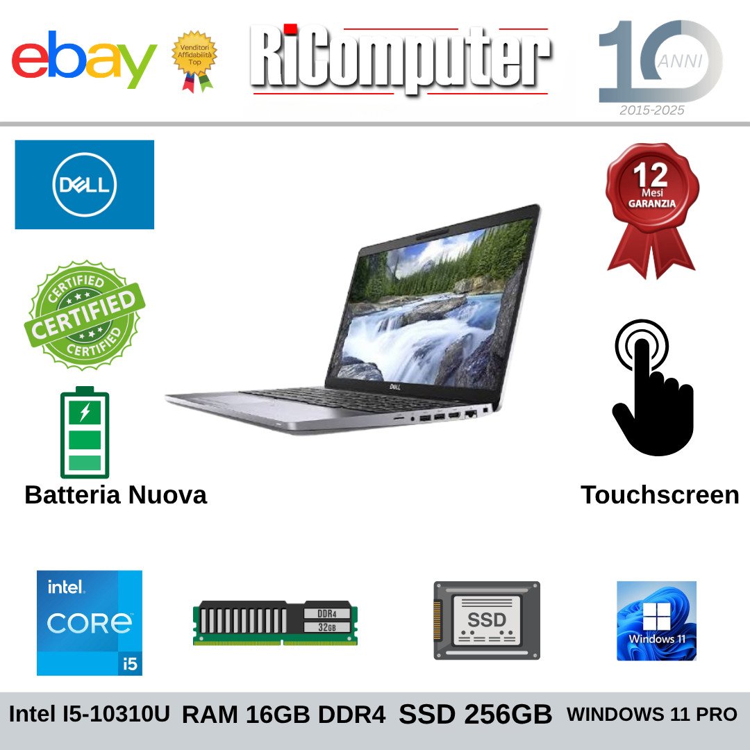 Notebook Dell Latitude 5510 15.6" TOUCHSCREEN i5 10a Gen 16GB SSD Batteria Nuova