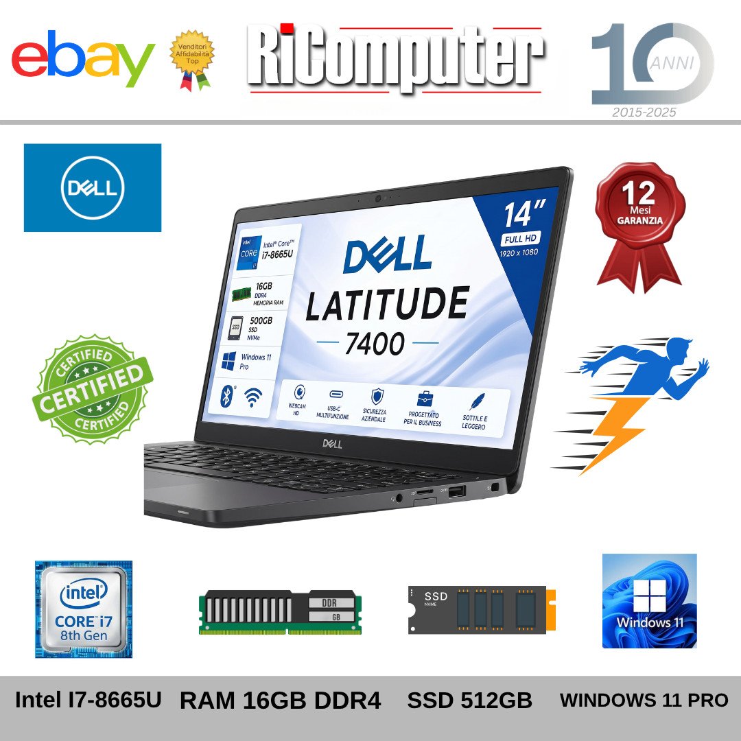 s-l1600-6jpg - Ricomputer.it Dell Latitude 7400 laptop on white background with badges showing i7-8665U, 16GB RAM, 512GB SSD, Windows 11 Pro, and warranty.