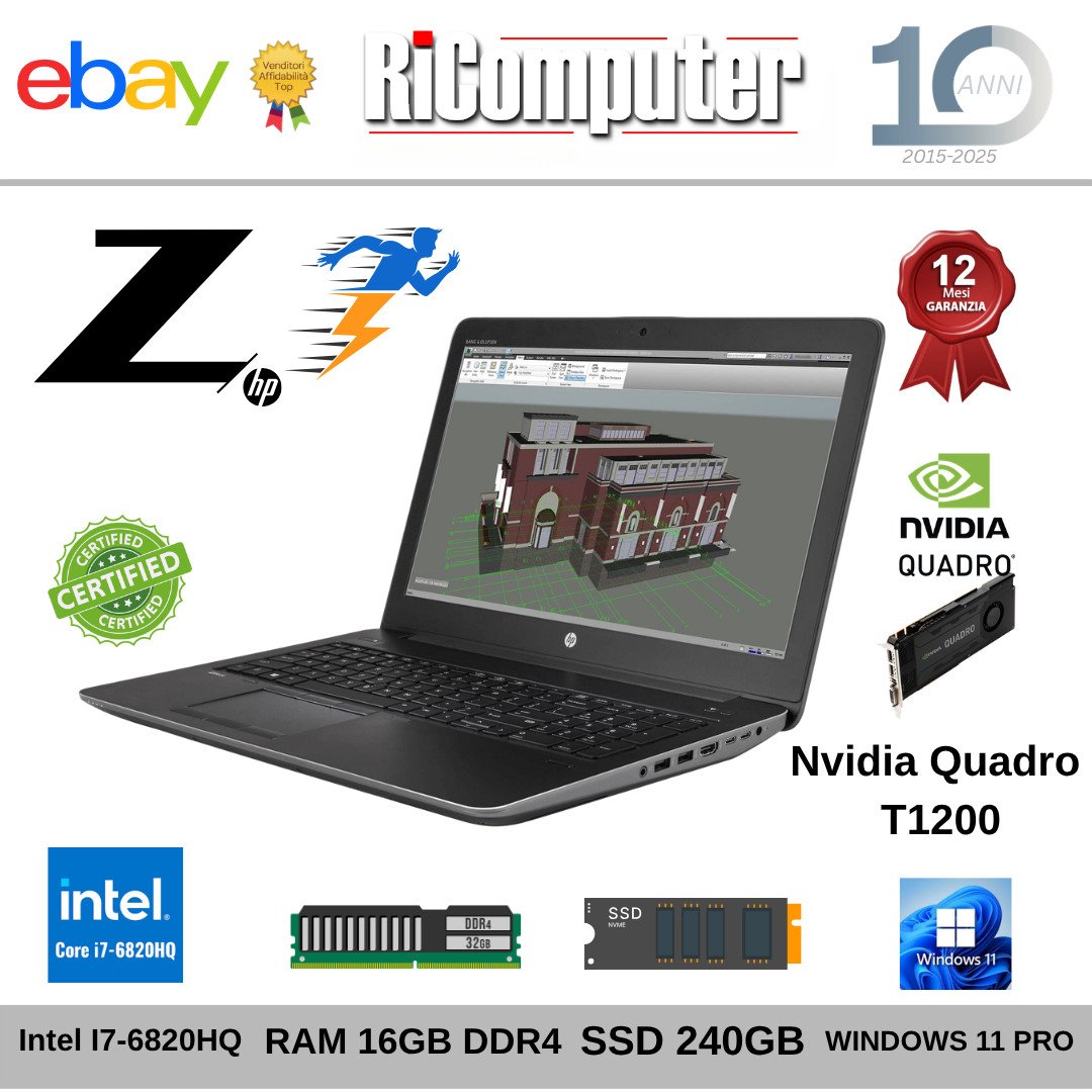 HP ZBook 15 G3 i7-6820HQ 16GB SSD Quadro M1200 TASTIERA ITA Windows 11 Pro