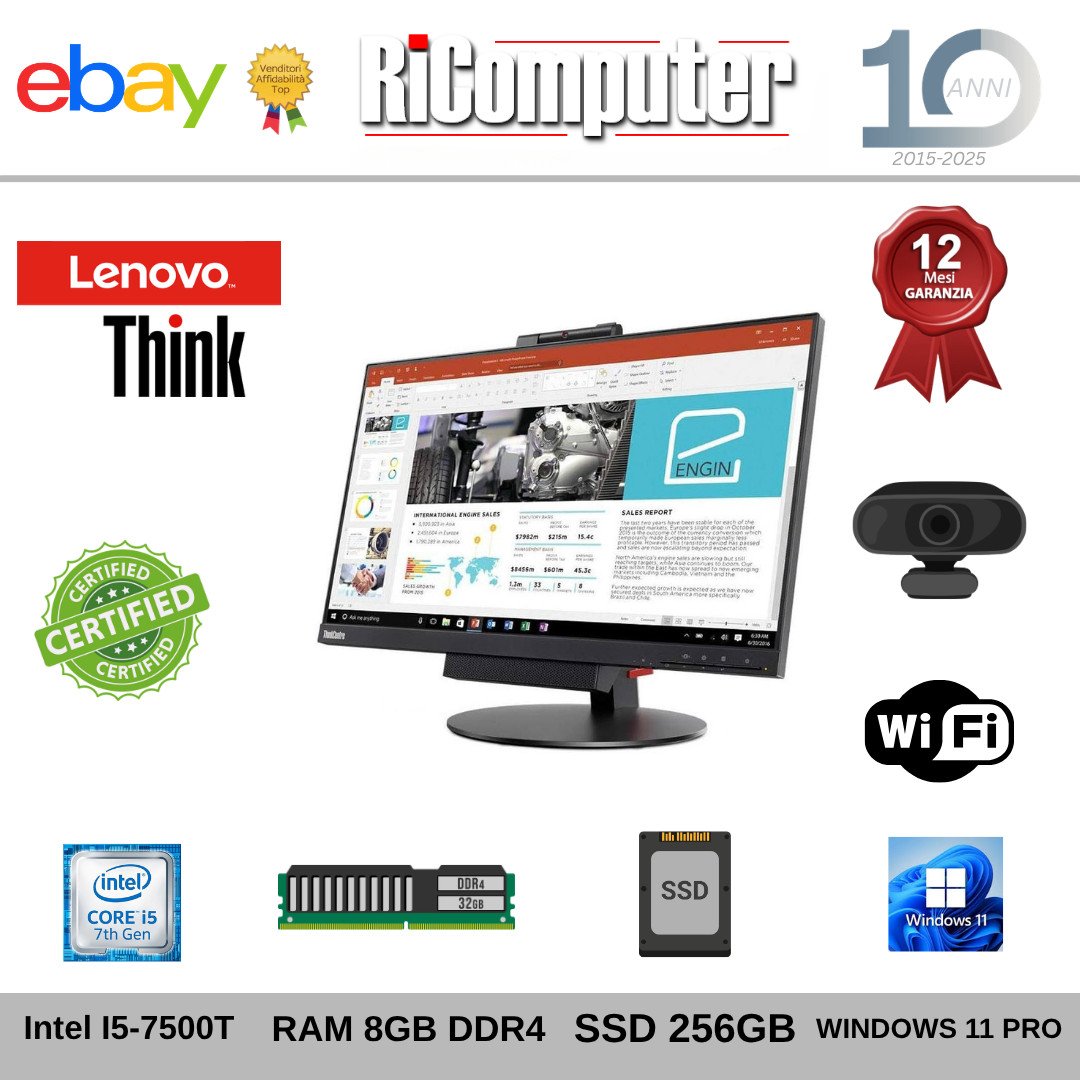 Lenovo Tio 24 Gen3+M910q i5-7500T 8GB SSD 256GB WiFi Win11 Pro +Kit USB