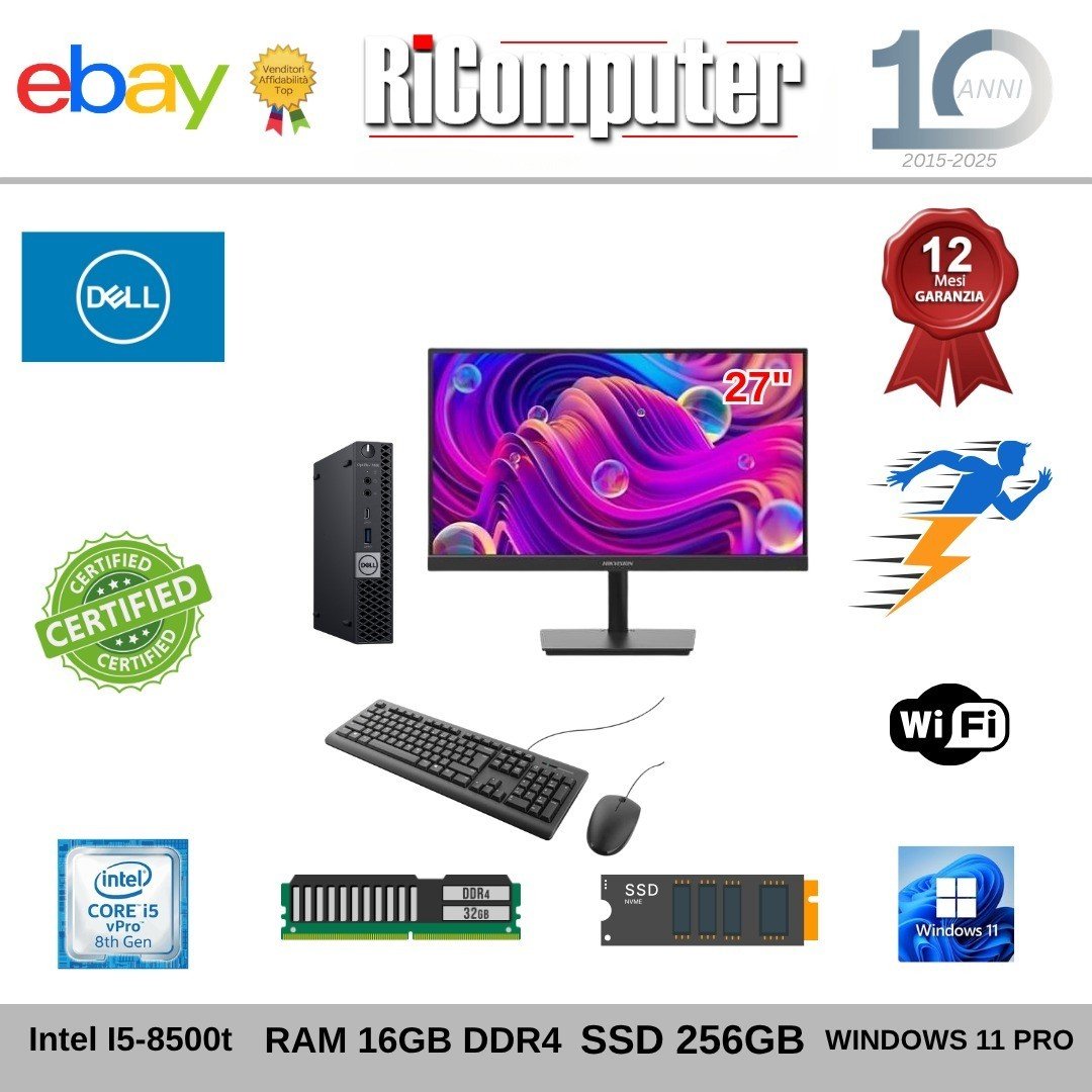 s-l1600-5jpg - Ricomputer.it PC Completo Dell Optiplex 7060 Micro i5 16GB SSD Monitor 27" Tastiera Mouse WiFi