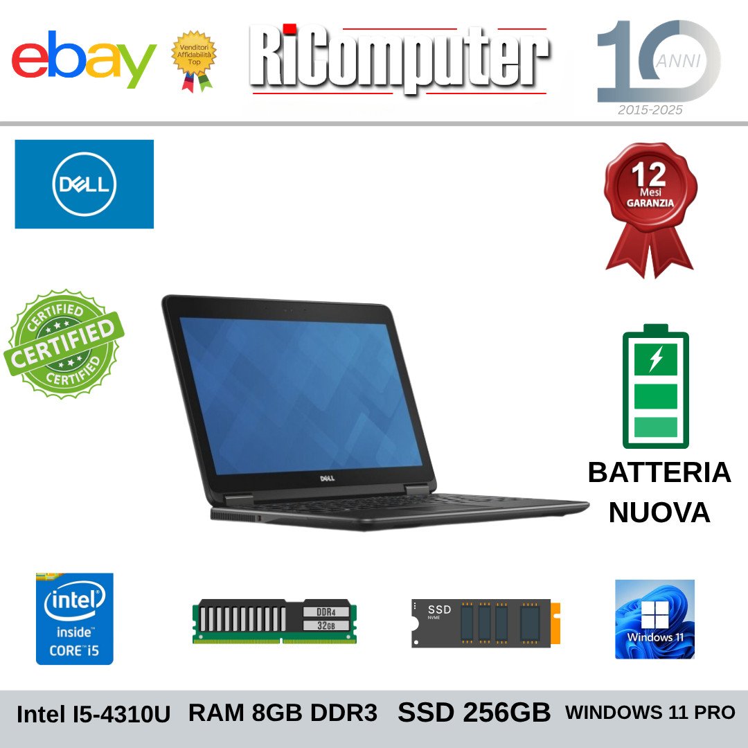 Dell Latitude E7240 i5-4310U 8GB RAM DDR3 SSD 256GB Win 11 Pro Batteria Nuova