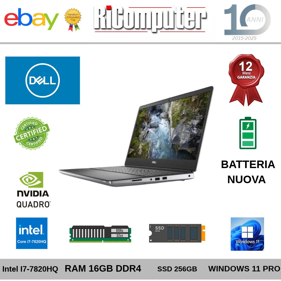 s-l1600-9jpg - Ricomputer.it Dell Precision 7520 i7-7820HQ 16GB SSD 256GB Quadro M1200 Win11 Batteria Nuova