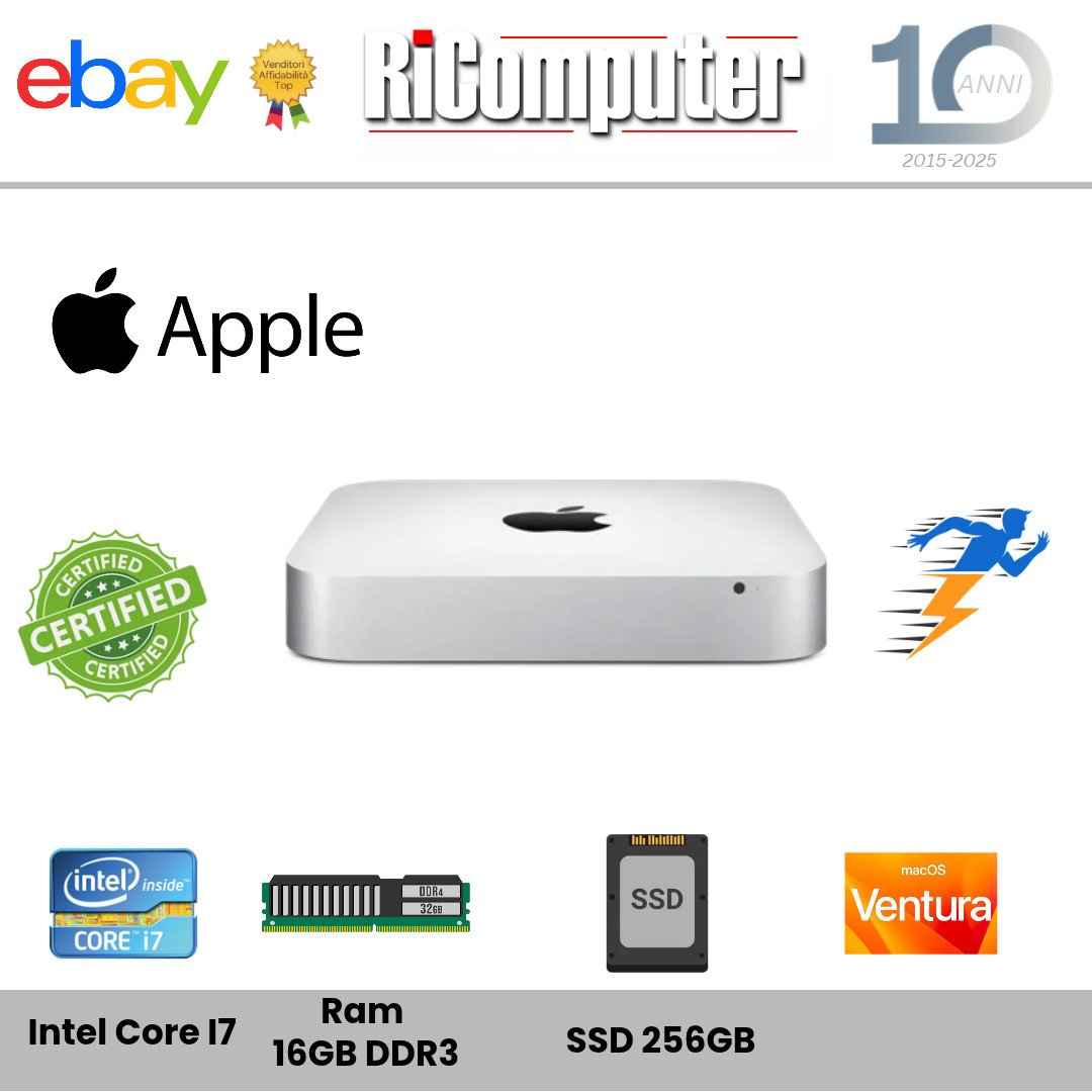 Apple Mac Mini A1347 Intel Core i7 16GB RAM SSD 256GB macOS Ventura OCLP Usato